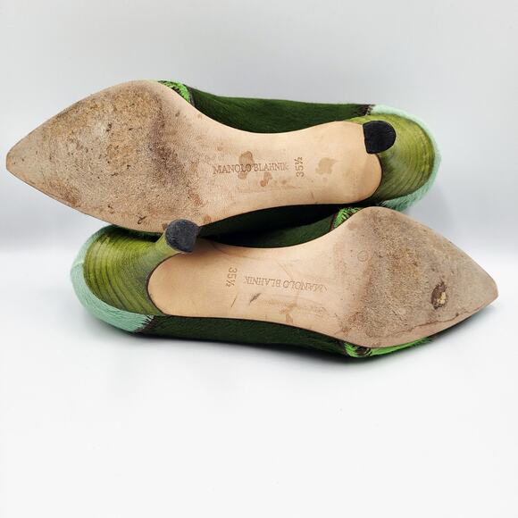 Manolo Blahnik Green Striped Pony Hair Pumps Brown Leather Trim Women's Sz 35.5 - Picture 10 of 11